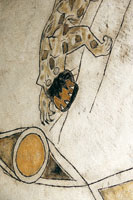 Representacin de un jaguar, realizada con tinturas vegetales, sobre corteza del rbol de yanchama.
