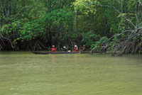 Las piangeras se desplazan a travs de los caos del estuario del ro Patianga entonando canciones tradicionales