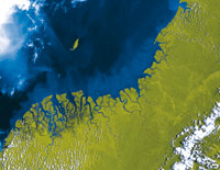 La imagen Landsat muestra el complejo deltaico de Patianga; a cierta distancia de la costa se aprecia la isla de Gorgona