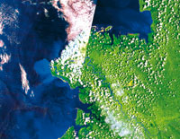 Imagen satelital que muestra el delta del ro Mira y la Baha de Tumaco.