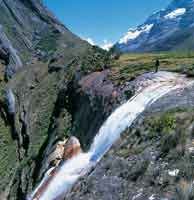 La fusin de los glaciares origina abundantes y cristalinas fuentes de agua que se precipitan por las rocas.
