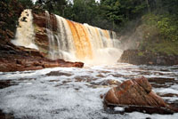 El Raudal Alto de Caño Mina, uno de los afluentes del río Inírida, por el que fluyen aguas de color té, por la gran carga de taninos, es uno de los más sobrecogedores de la Amazonia colombiana.