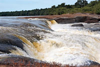 En el punto de quiebre de una corriente de agua, se concentra la conversión de energía potencial en energía cinética. Raudal Morroco, río Inírida.