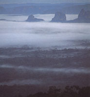 Entre los cinturones de niebla, frecuentes al amanecer y al atardecer, sobresalen los torreones de arenscas.