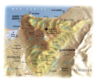 Con ms de 23.000 km2 de superficie, esta pirmide de 5.770 msnm, surge desde el zcalo marino, como un verdadero hito desde el cual se divisa toda la cuenca del Caribe.